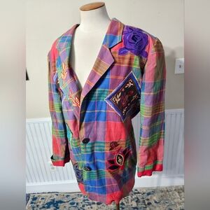 VTG Vintage 80s Adrianna Papell / Adam Douglass Plaid Blazer Jacket Floral - 6